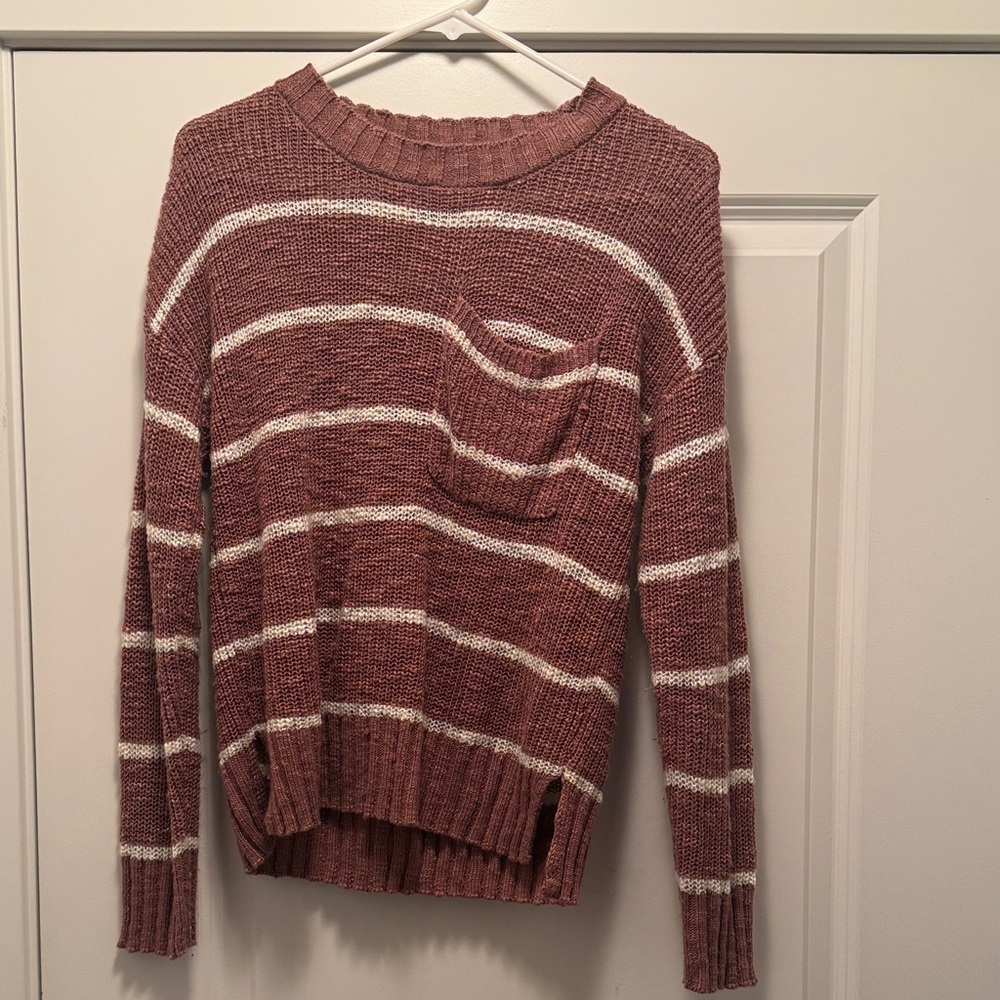 Pink Rose Textured Striped Sweater - Mauve and Cream